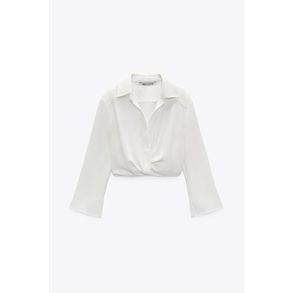Zara Pleated Cropped Long Sleeve Top in White - Picture 1 of 11